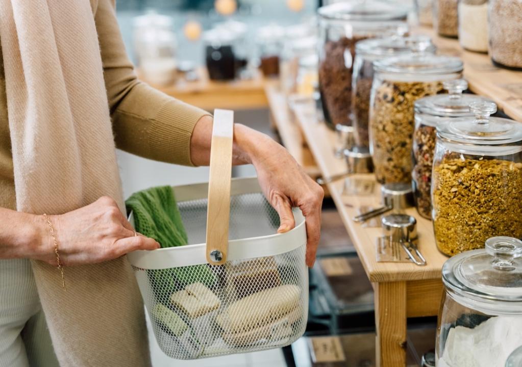 A woman shops at a zero-waste store.