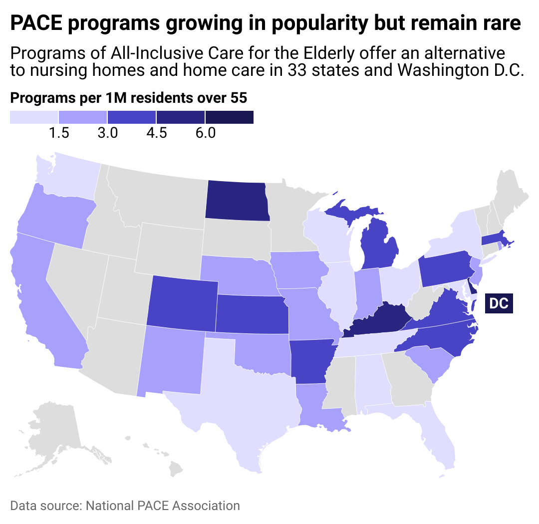 A map showing the number of PACE centers per 1M residents over 55 in each state.