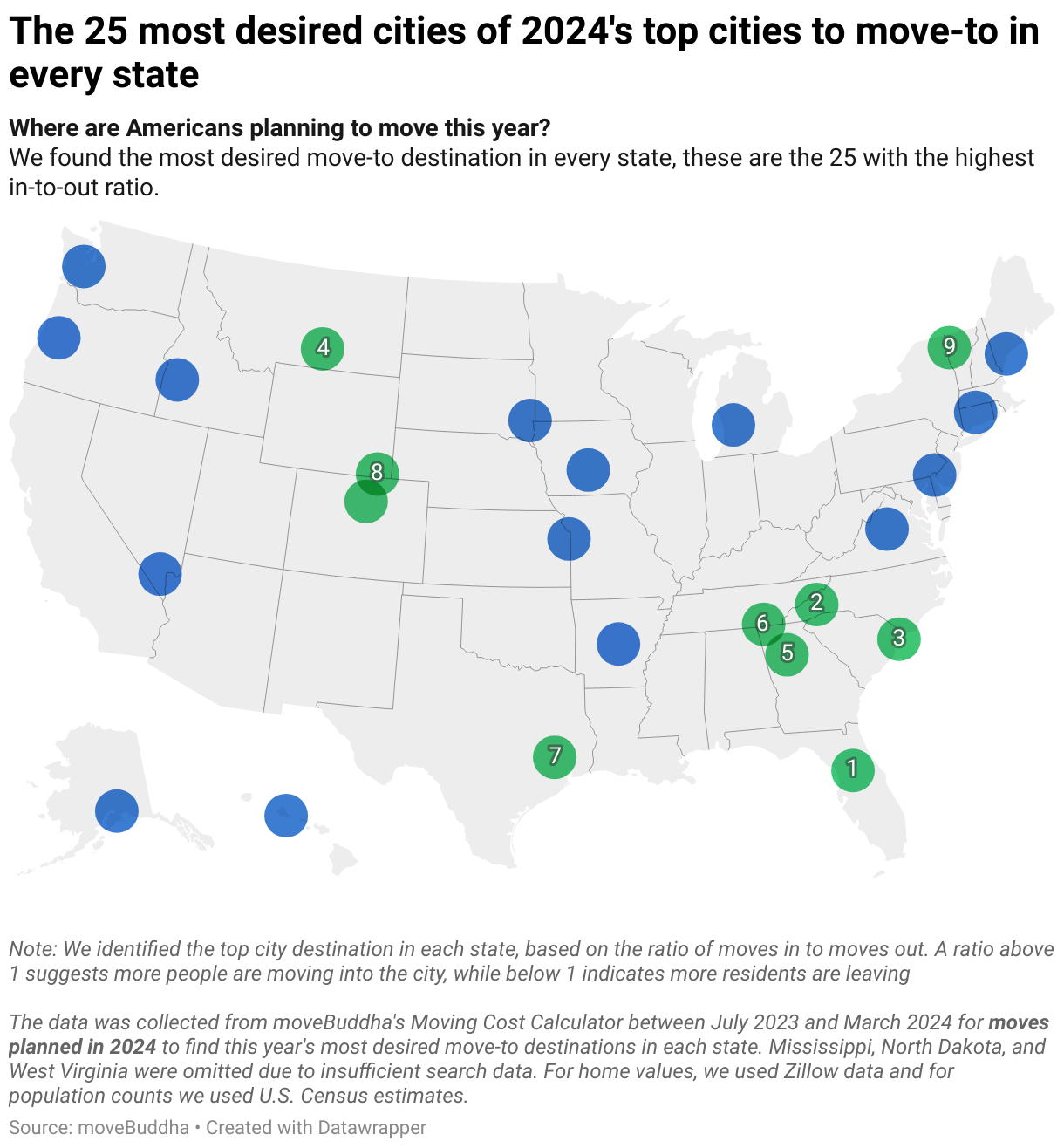 Map showing the 25 most desired cities of 2024